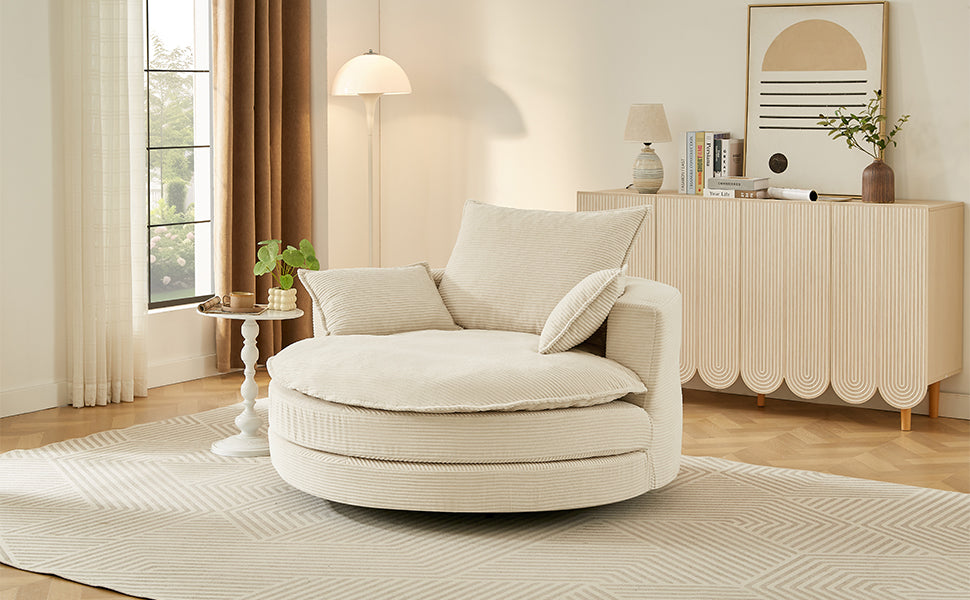 Oversized 360° Swivel Accent Chair with Dual-Layer Cushion - Beige