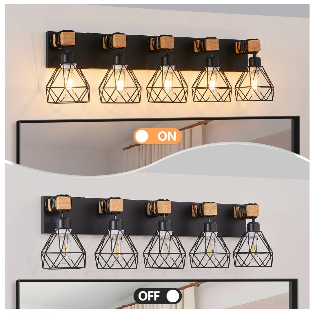 Modern Geometric 5-Light Vanity Light Fixture - Black Metal & Wood