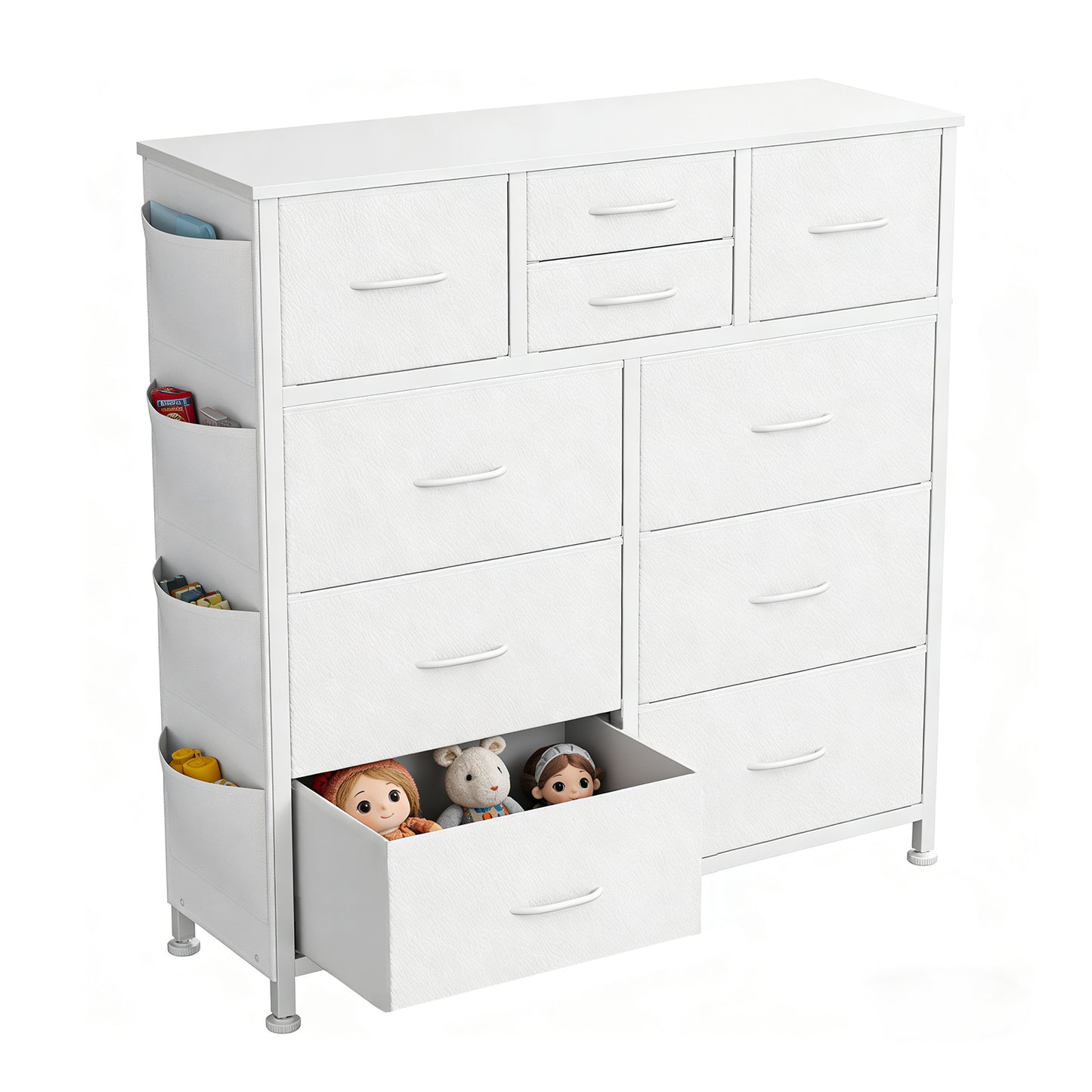 10-Drawer Storage Cabinet with Side Pocket & Hooks - White