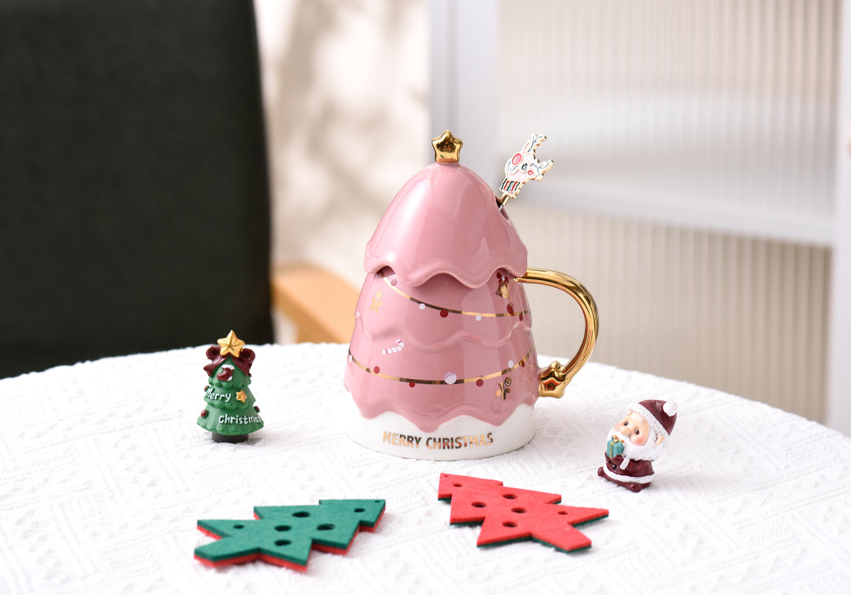 Christmas Tree Mug with Lid and Spoon - Holiday Ceramic Drinkware