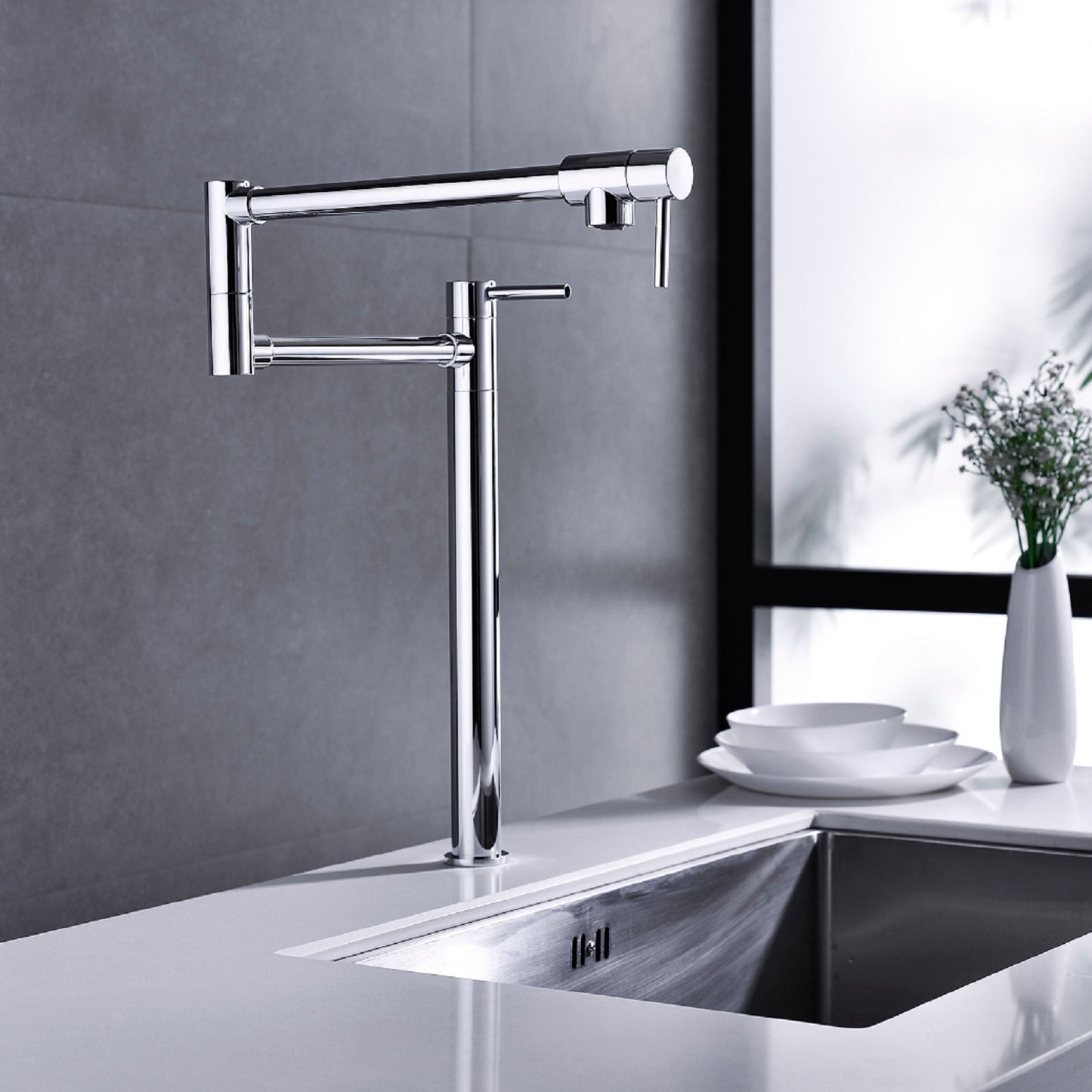 Folding Kitchen Faucet with Pot Filler and Extended Handle