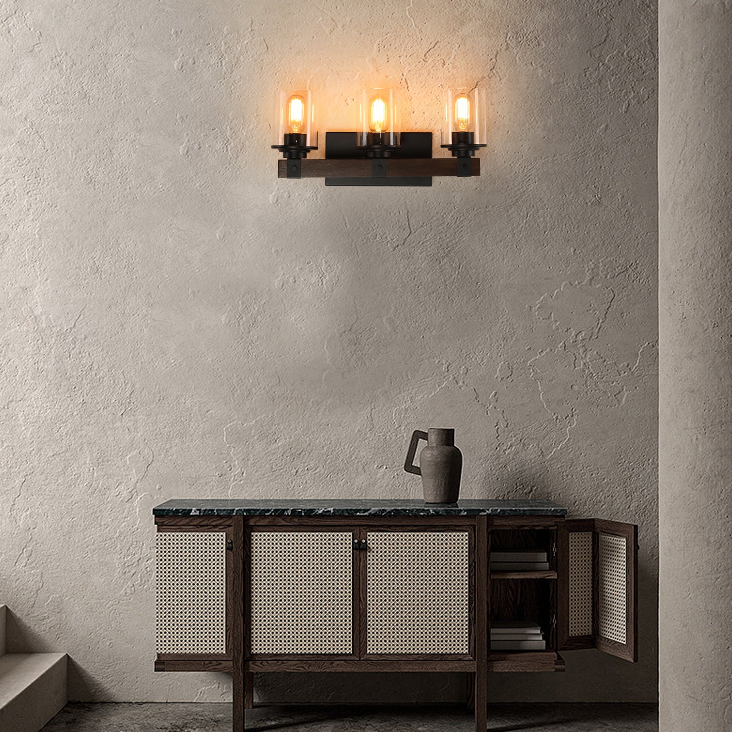 Rustic 3-Light Vanity Light Fixture with Glass Shades and Wood Accent