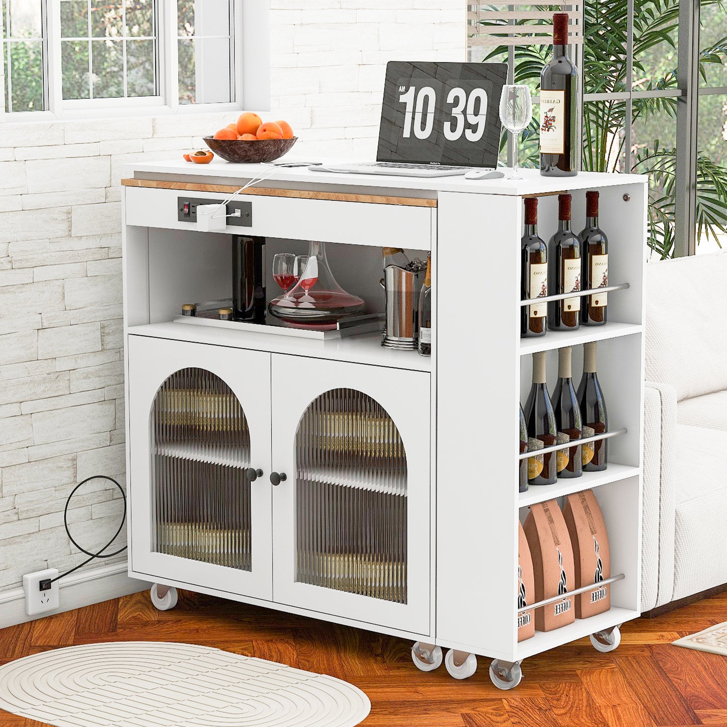 K&K Rolling Kitchen Island With Extended Table,Kitchen On Wheels LED