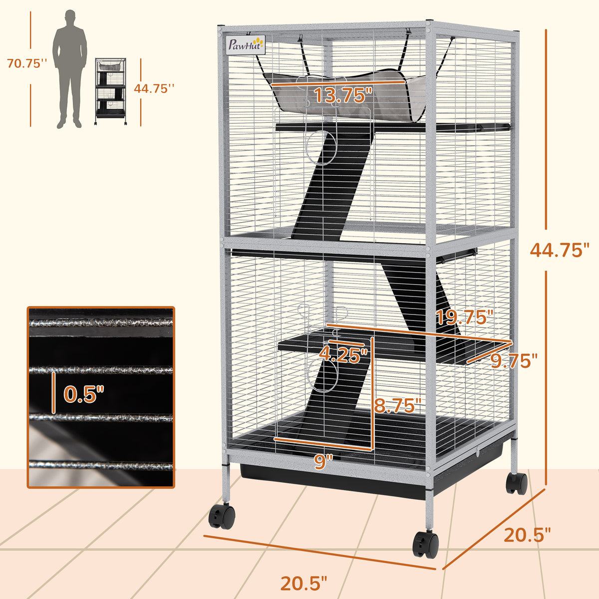 45-Inch Rolling Small Animal Cage with Hammock, Removable Tray, for Ferrets & Chinchillas - White