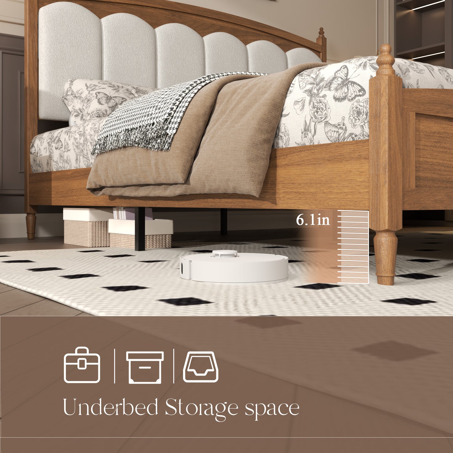 King Size Platform Bed Frame with Upholstered Headboard - Brown
