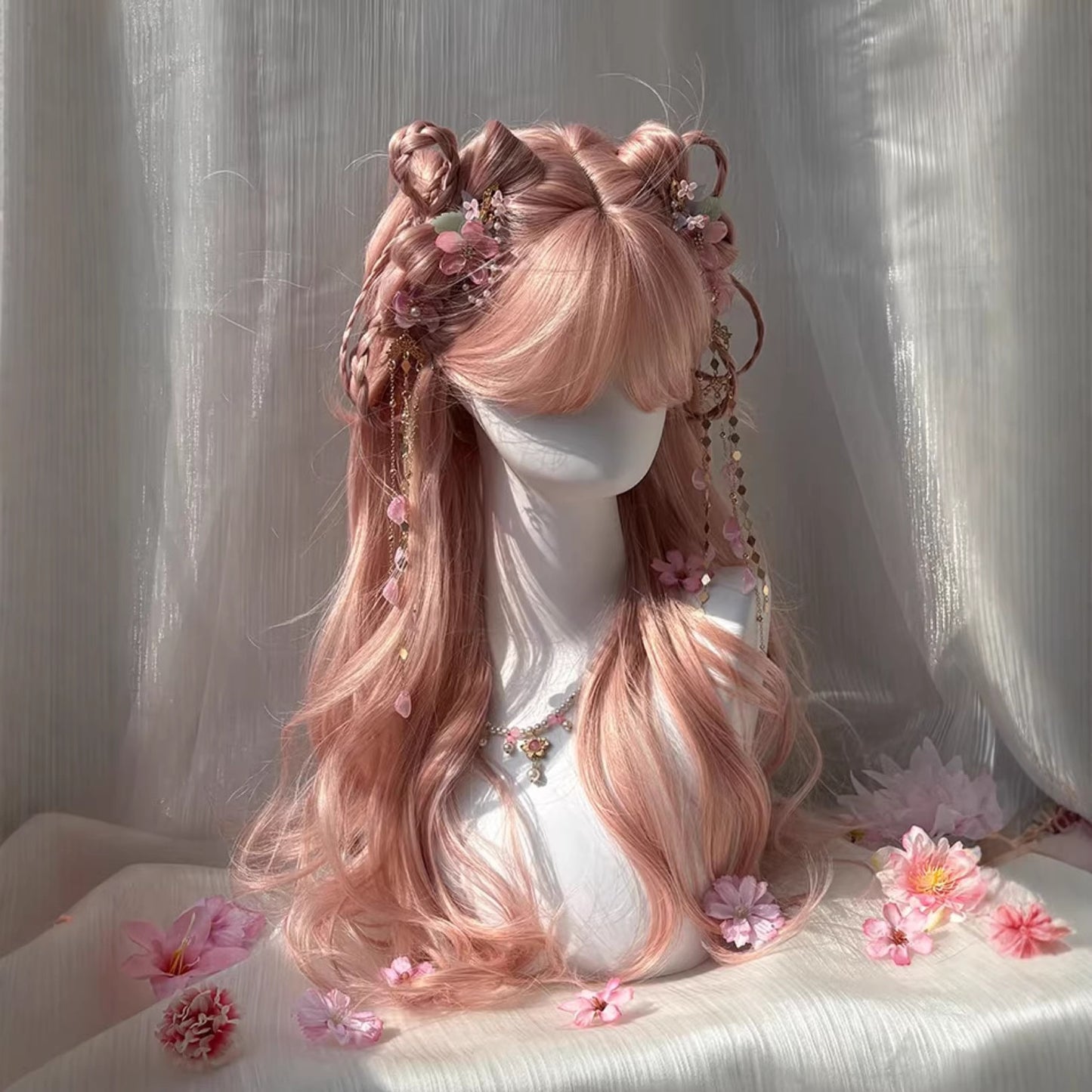 Women's Pink Gold Long Wavy Curly Wig with Wispy Bangs and Big Waves