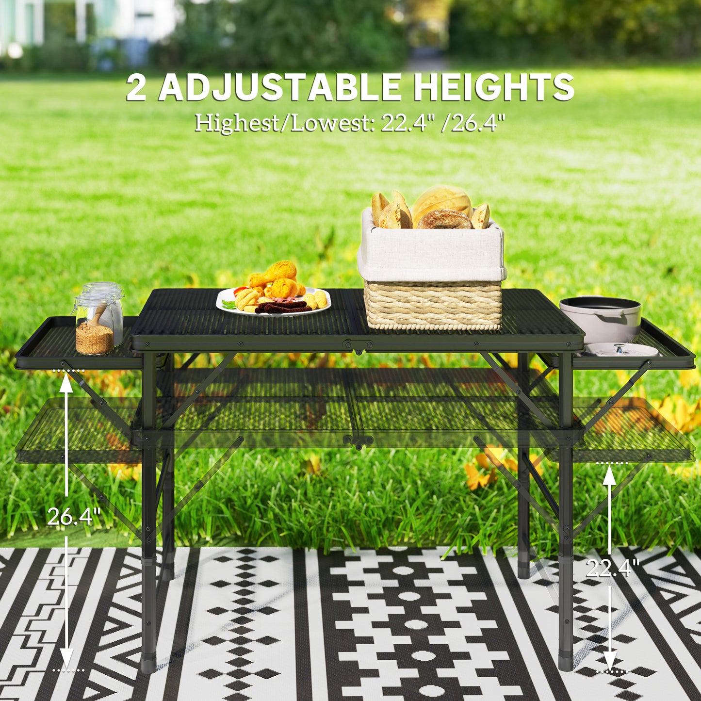 4.5ft Folding Camping Table - Adjustable Height with Side Wings
