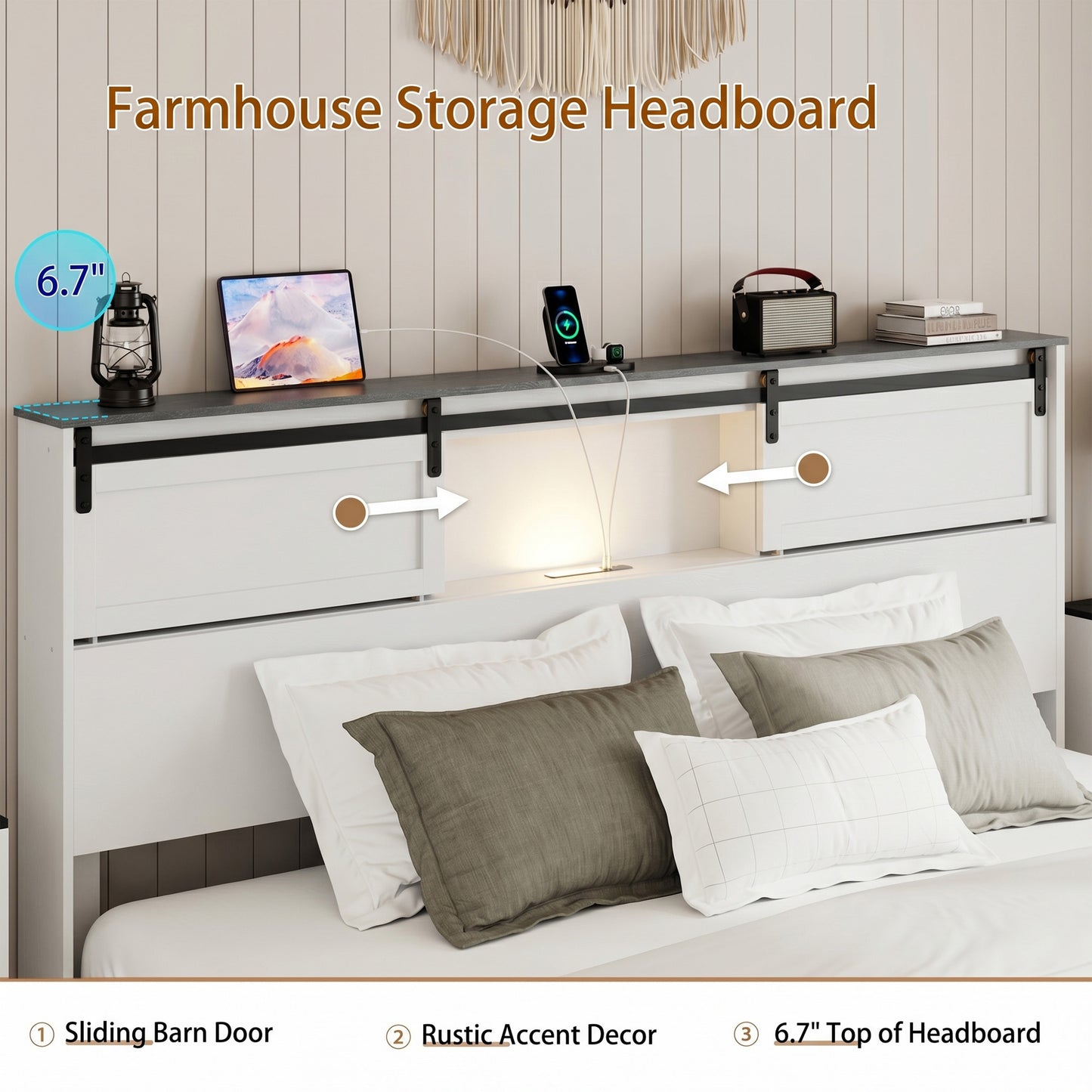 King Metal Platform Bed Frame with Charging Station - White