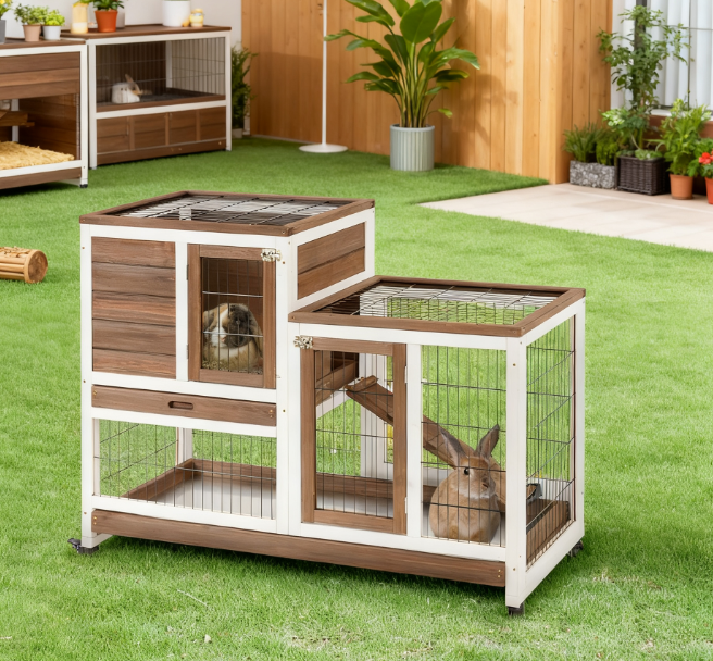 Elevated Wooden Rabbit Hutch with Wheels and Removable Trays - Brown & White