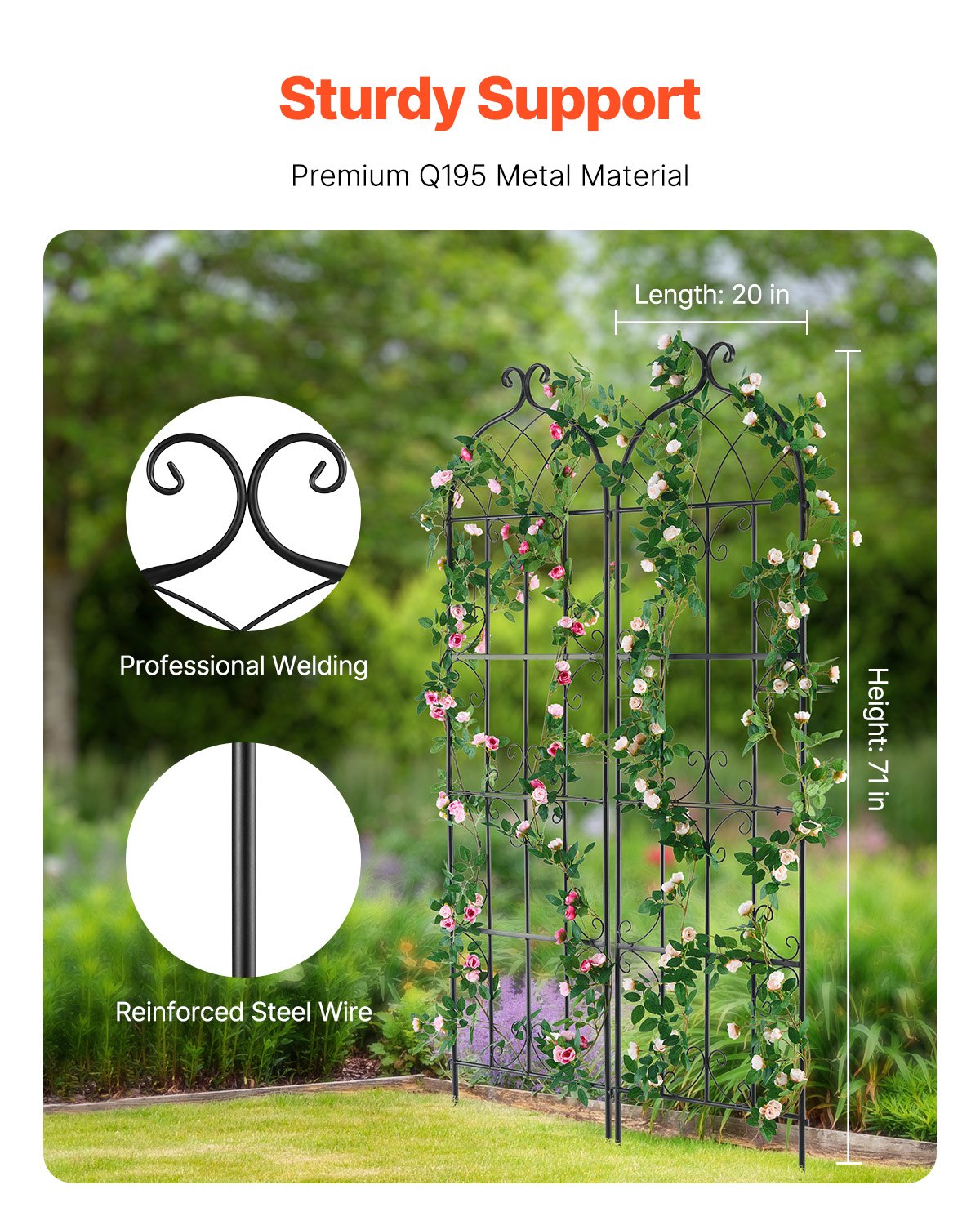 Metal Garden Trellis Support for Climbing Plants 71x20 Inches Rustproof Black 2 Pack