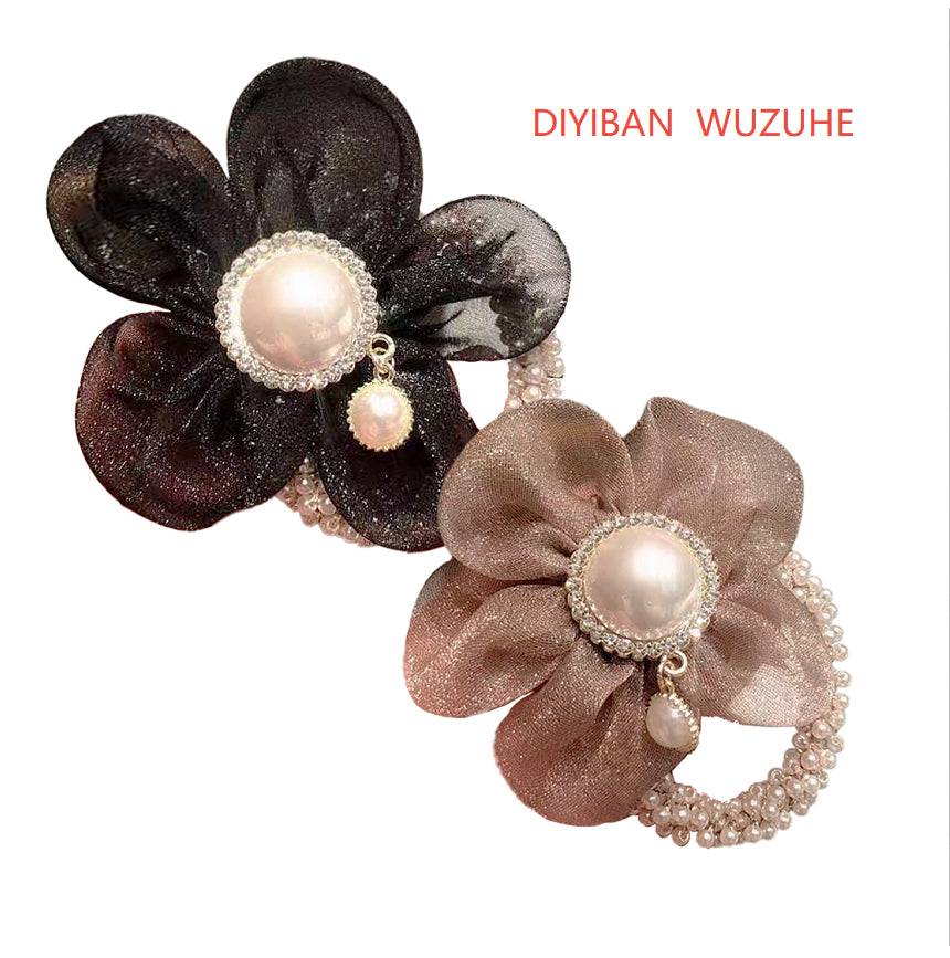 Elegant Pearl Flower Hair Scrunchie - Handmade Fabric Hair Band