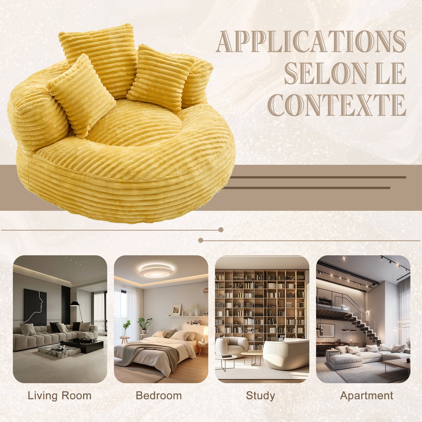 Oversized Corduroy Bean Bag Chair with 3 Pillows - Mustard Yellow