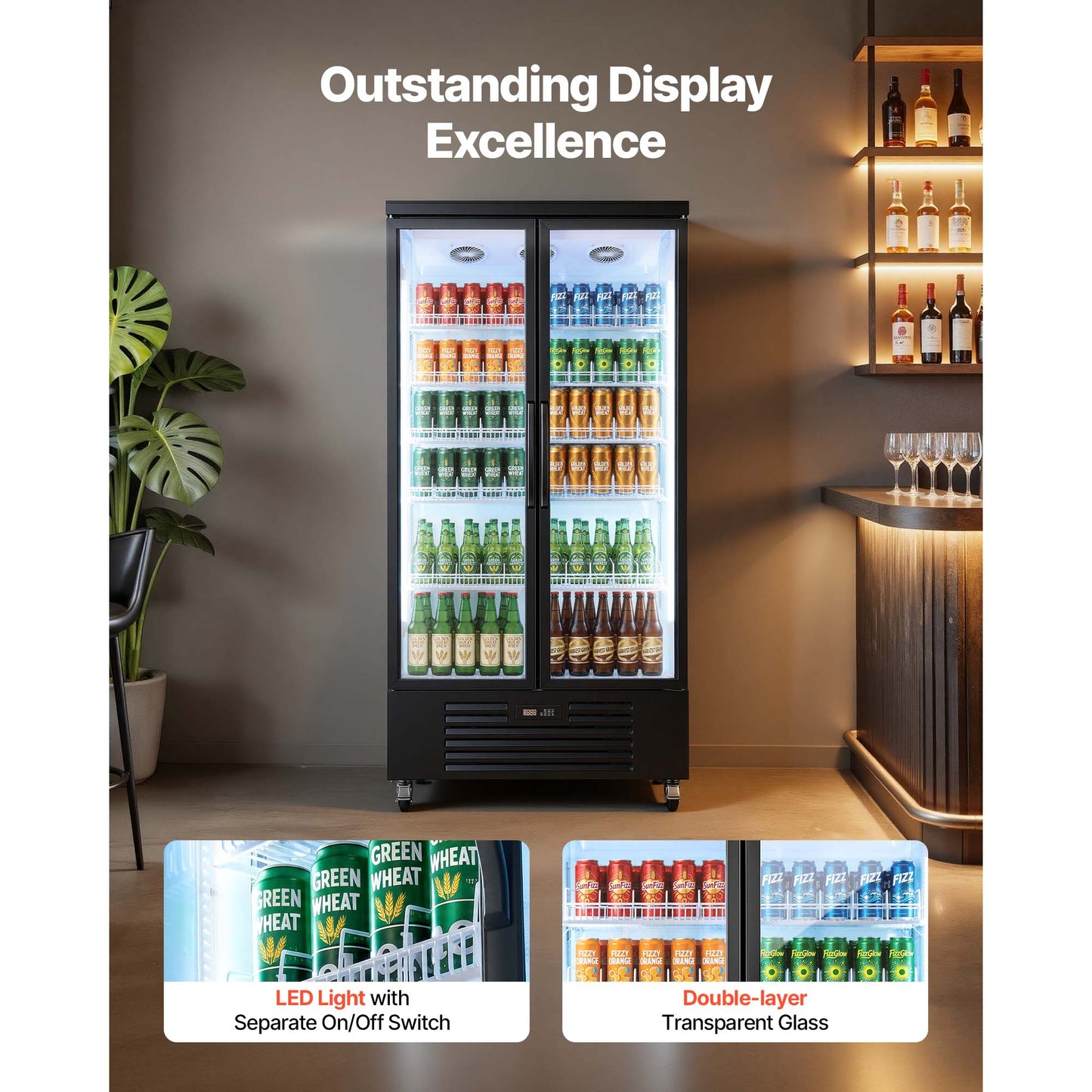 Commercial Beverage Cooler Refrigerator 24.9 Cu.Ft Upright Display with Glass Doors