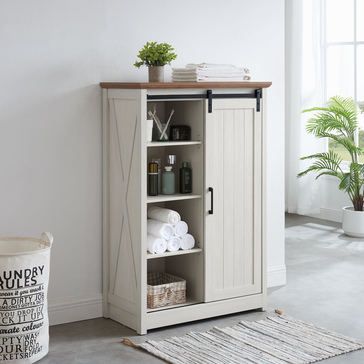 5-Drawer Farmhouse Dresser with Sliding Barn Door - White