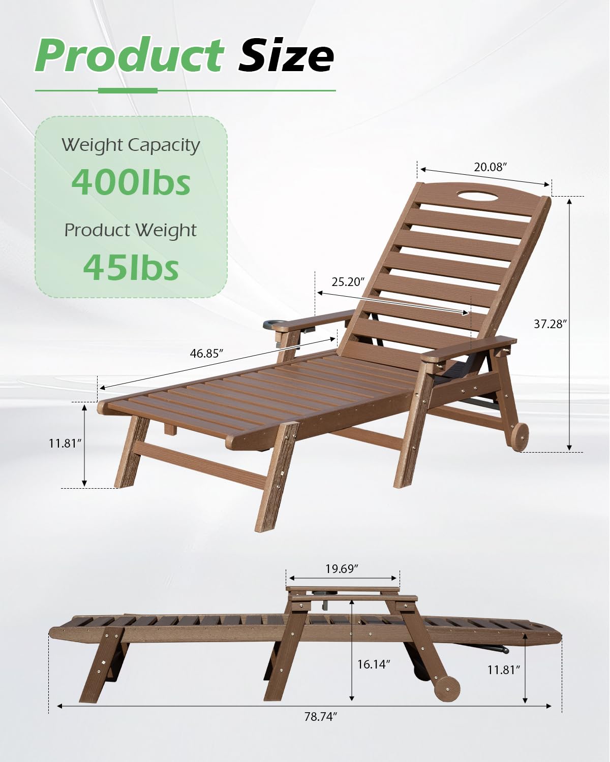 Patio Lounge Chair Outdoor, HDPE Outdoor Chaise With Reclining