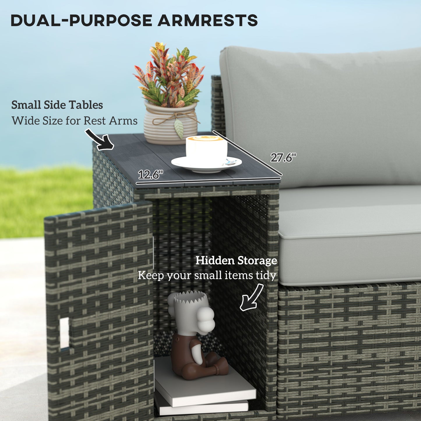 Gray Wicker Outdoor Couch with Storage - 3 Seater Sofa