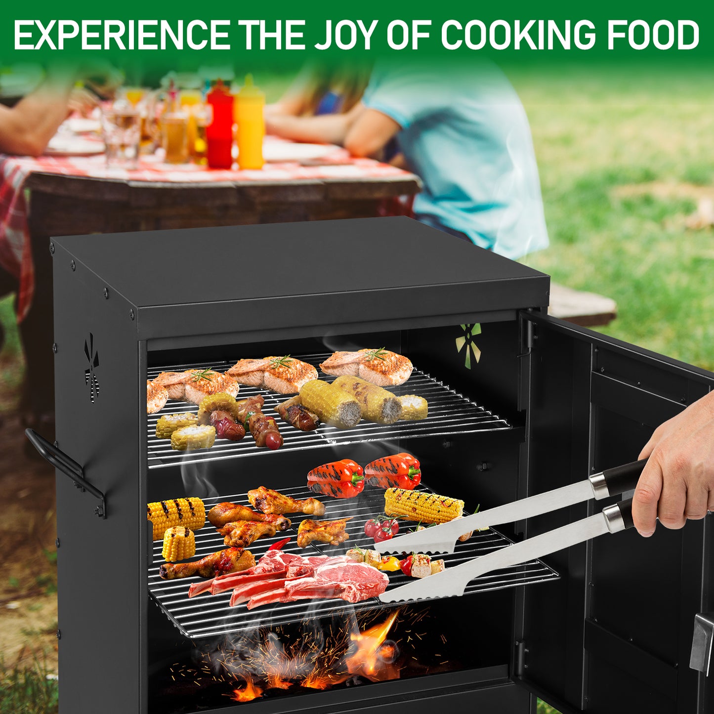 Outdoor Smoker with Double Door Design - Black