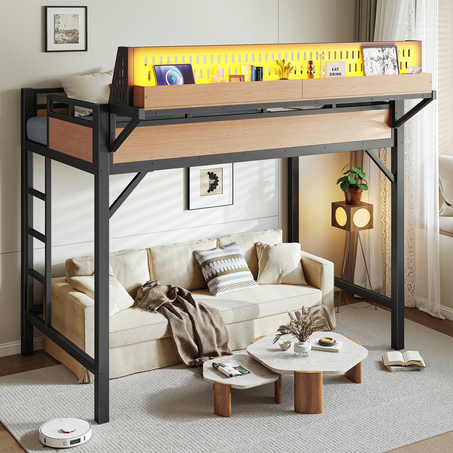 Twin XL Loft Bed Frame with Storage Shelves, USB Ports & LED Lights - Natural