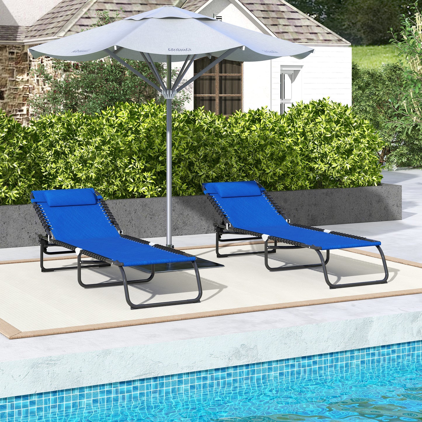 2 Folding Chaise Lounge Pool Chairs with 4-Position Recline - Blue