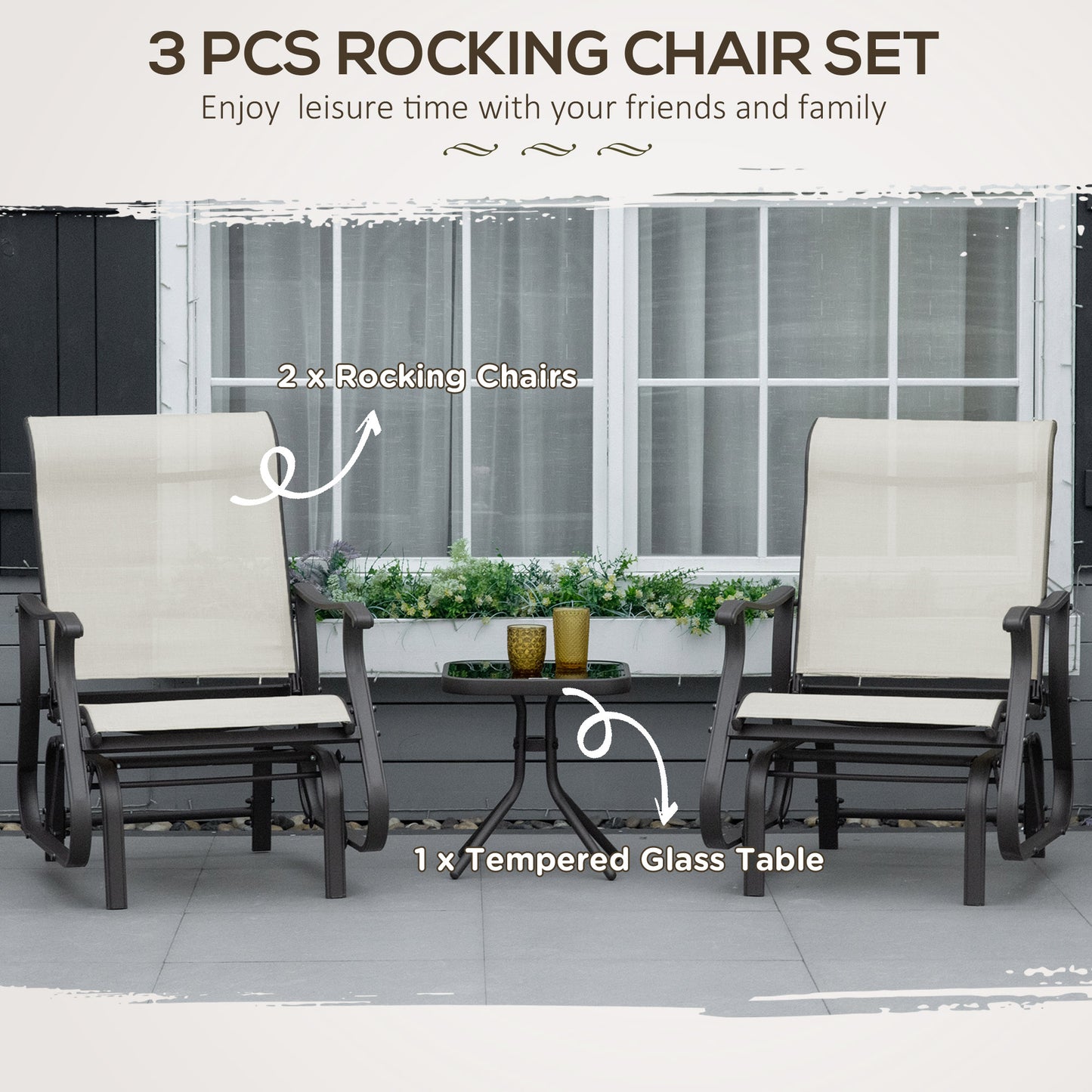 3-Piece Outdoor Glider Set with Steel Frame and Glass Table - Cream White