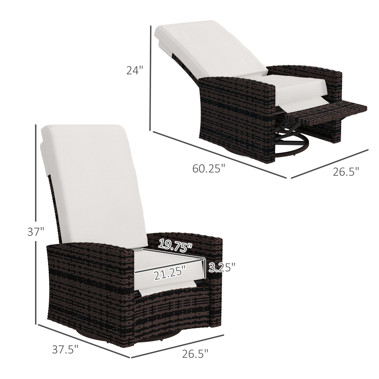 Outdoor Wicker Swivel Recliner Chair with Lifting Footrest - Khaki