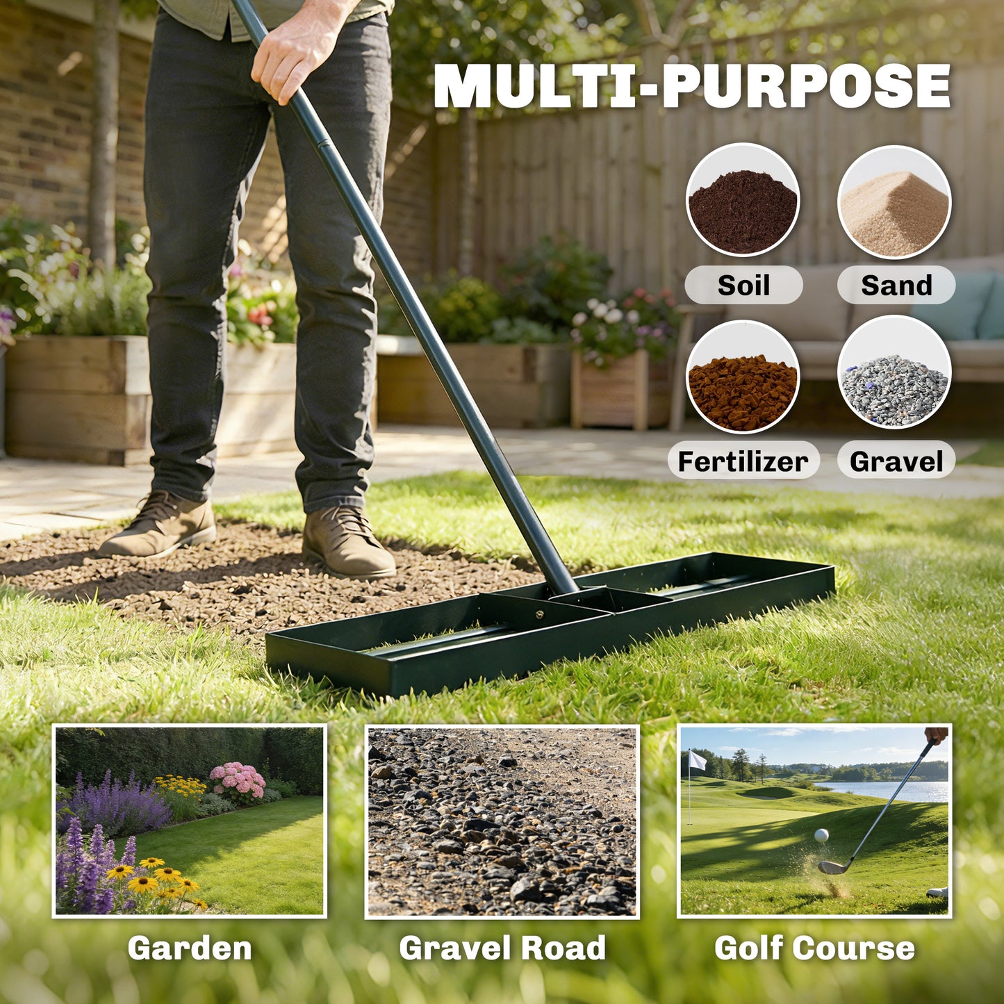 Heavy Duty Lawn Leveling Rake 36-Inch Garden Tool with Adjustable Handle