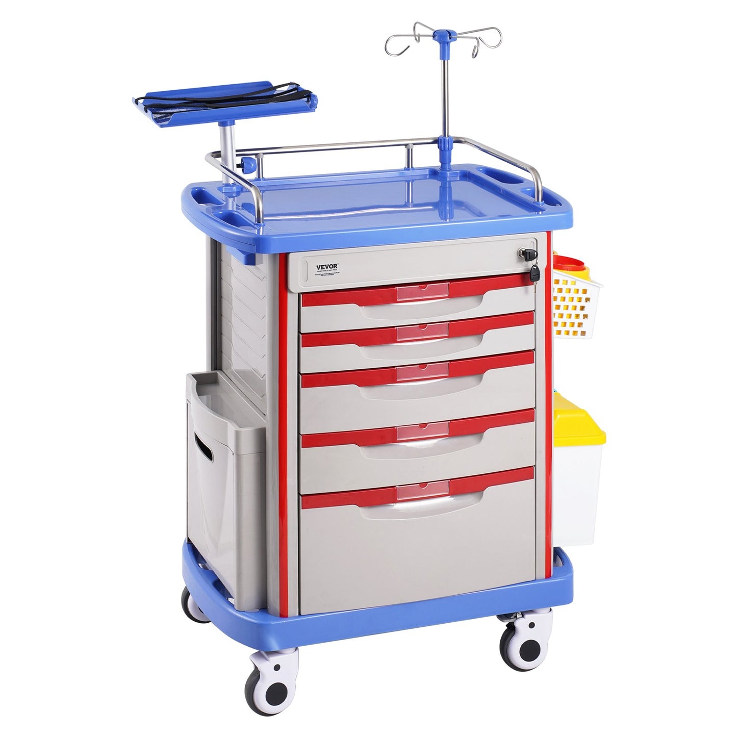 Mobile Medical Cart with 5 Drawers & 2 Trash Cans - Blue