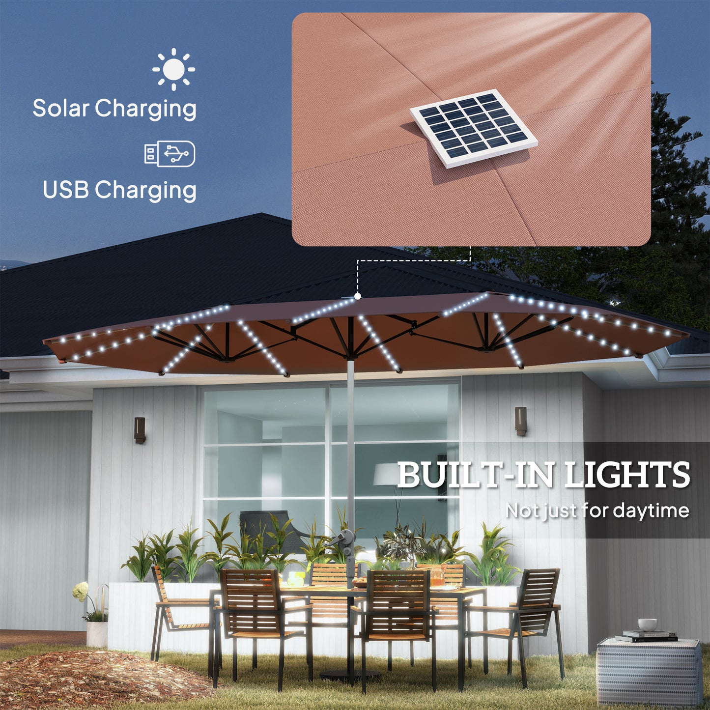 15ft Double-Sided Patio Umbrella with Solar Lights - Tan