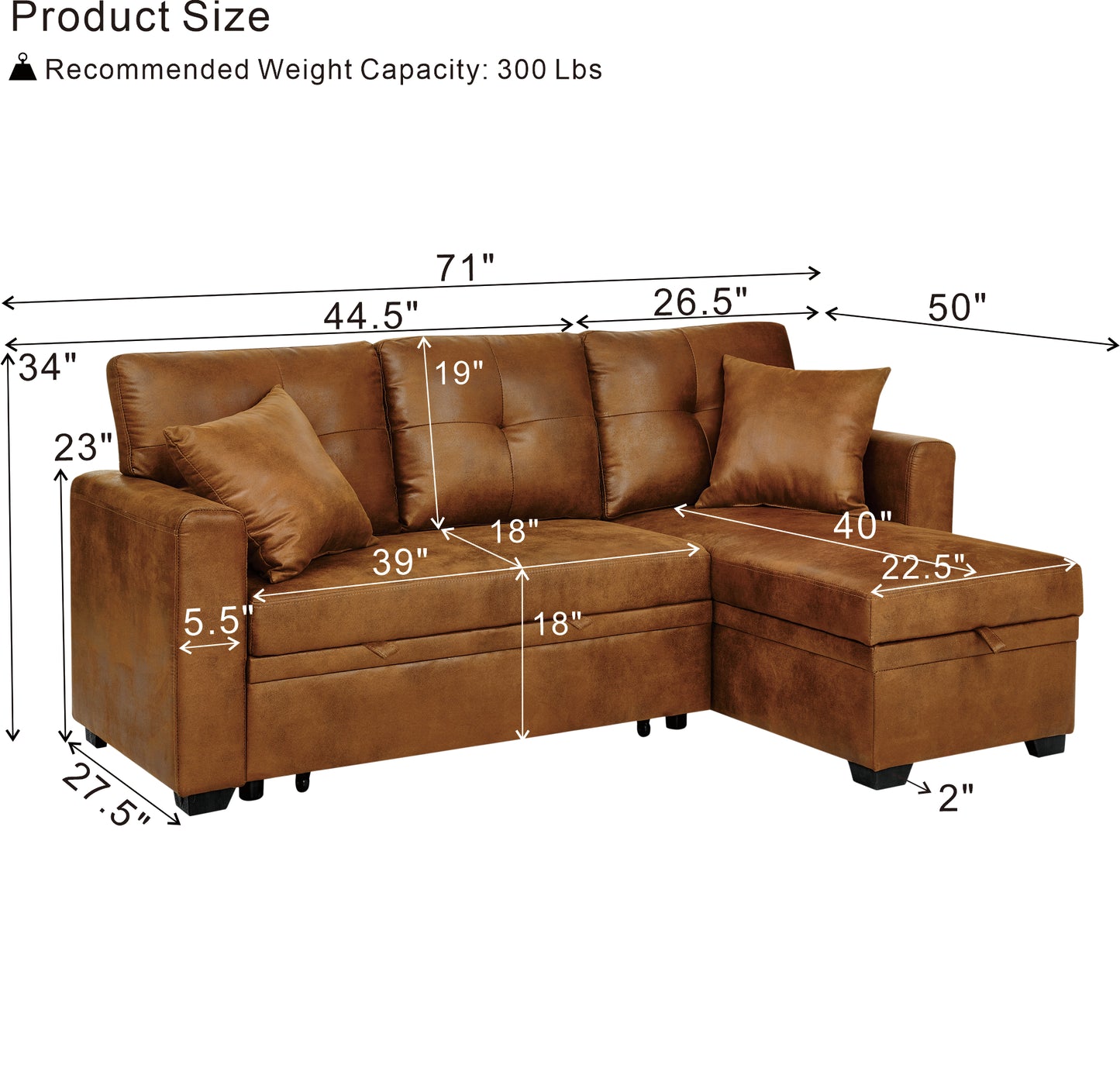 Light Brown Sectional Sofa Bed with Reversible Chaise & Storage