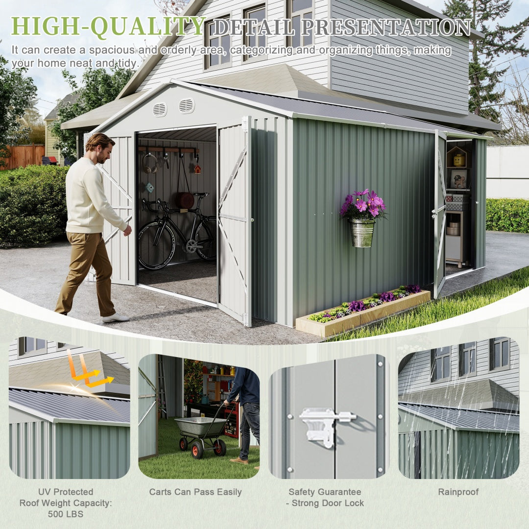 10x12 FT Outdoor Metal Storage Shed with Lockable Door - White