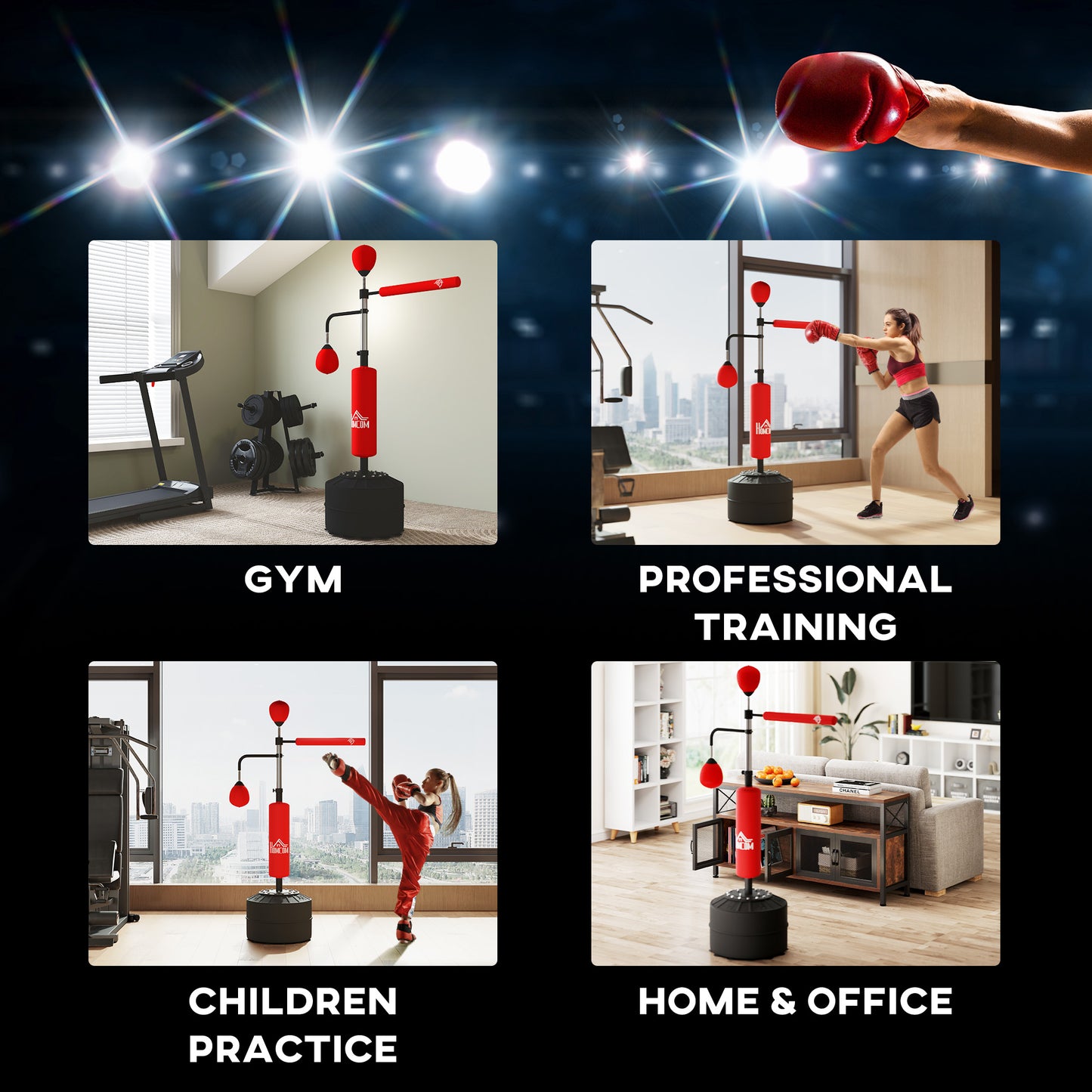 4-in-1 Boxing Punching Bag Stand with Speedballs & Adjustable Height - Red
