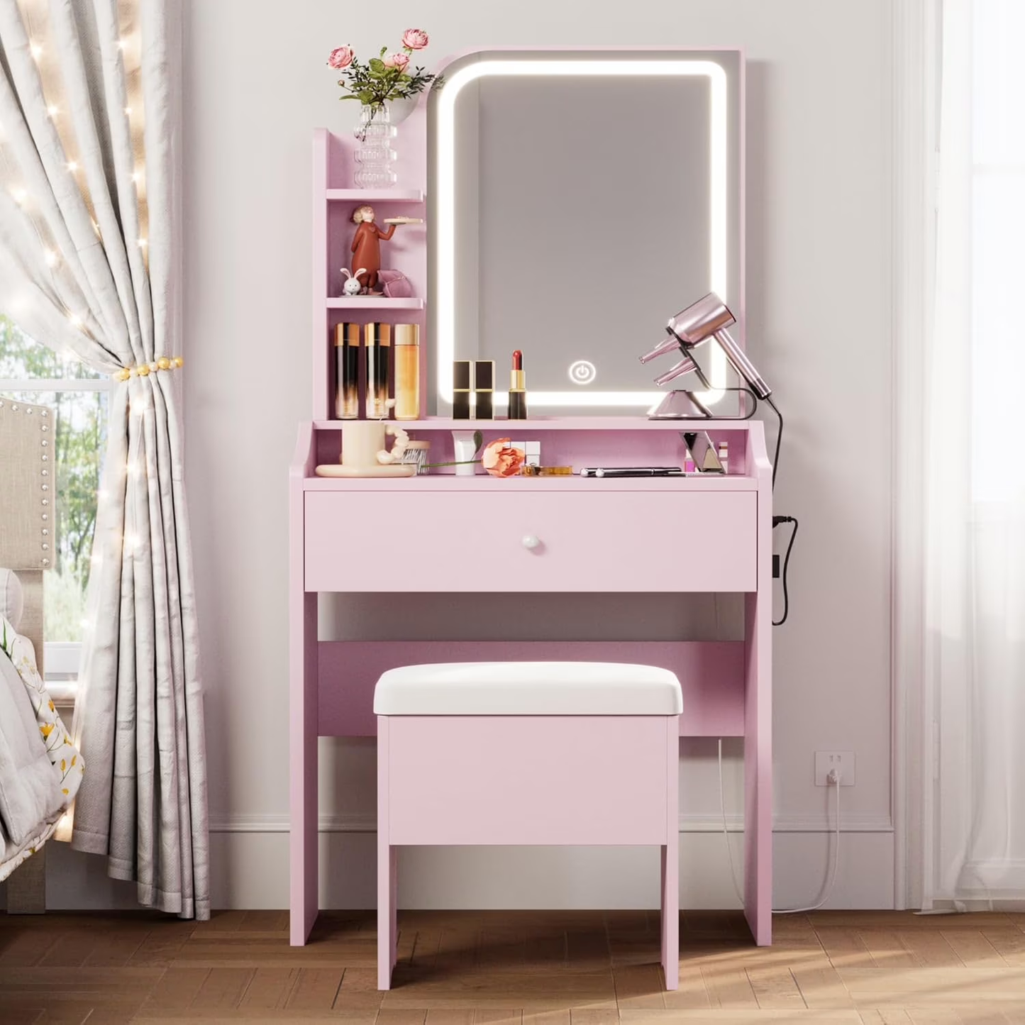 Small Dressing Table Set with Adjustable LED Makeup Mirror