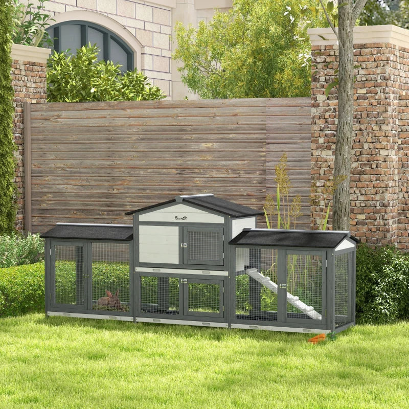 Outdoor Wooden Rabbit Hutch with Run Boxes & Ramp - Light Gray Pet Enclosure