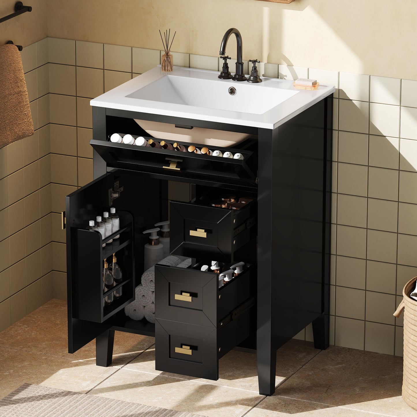 24-Inch Black Bathroom Vanity with Sink & Storage Cabinet