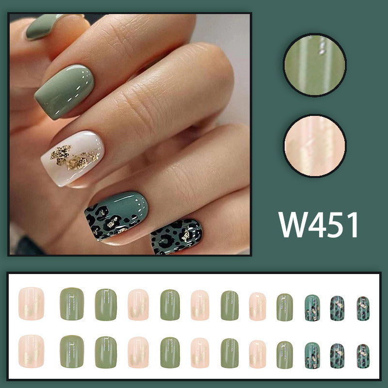 Green Leopard Print Nail Art Stickers with Gold Foil - 24pcs