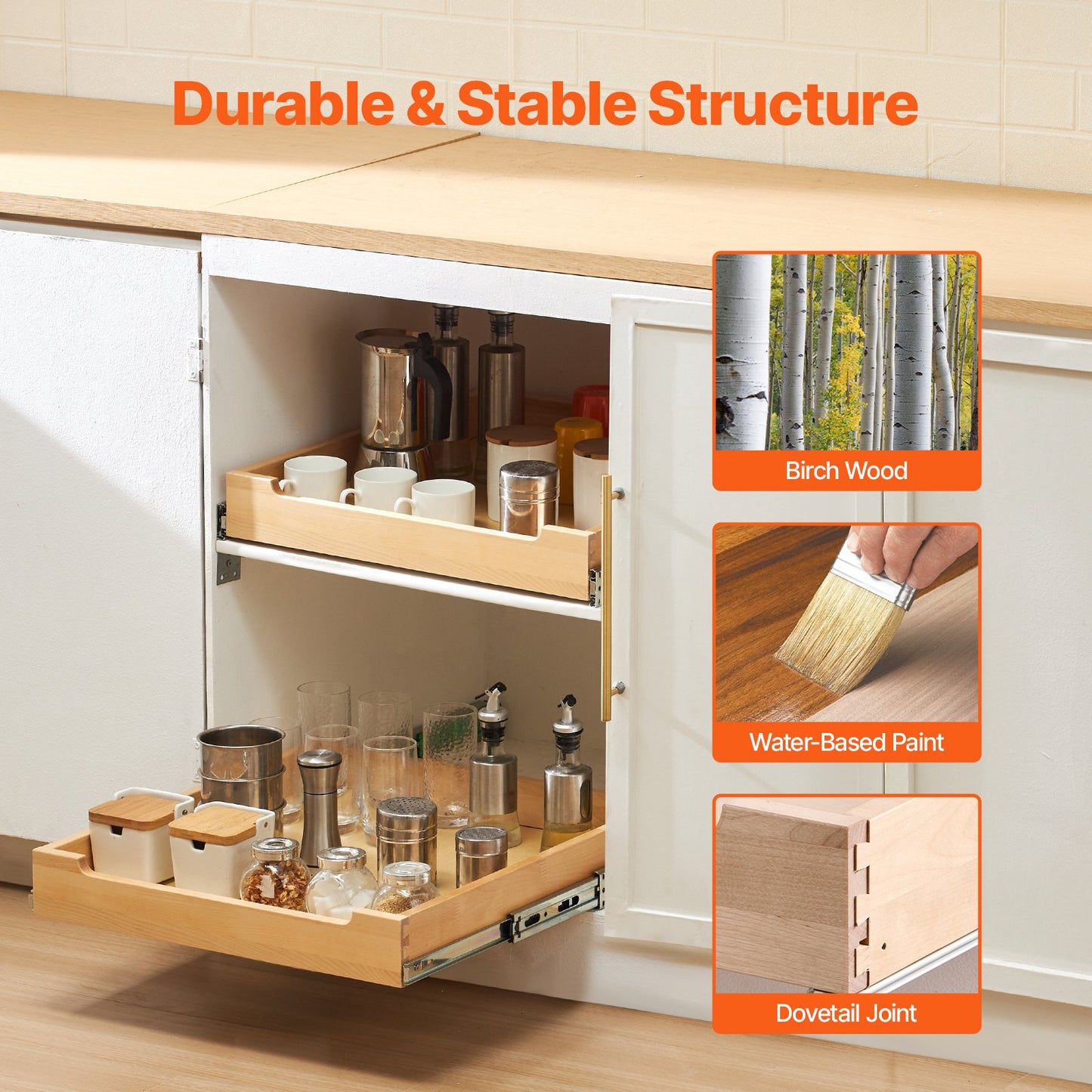 Pull Out Cabinet Organizer with Soft Close Slide-Out Shelf - Natural