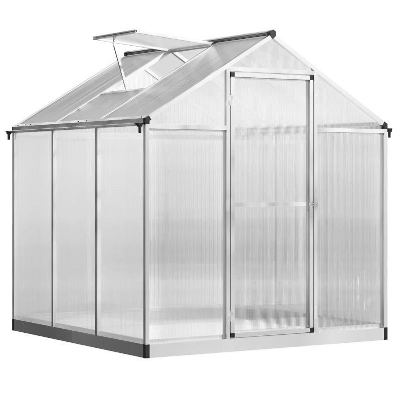 Walk-In Polycarbonate Greenhouse with Roof Vent & Rain Gutter - Silver, 8x6 ft