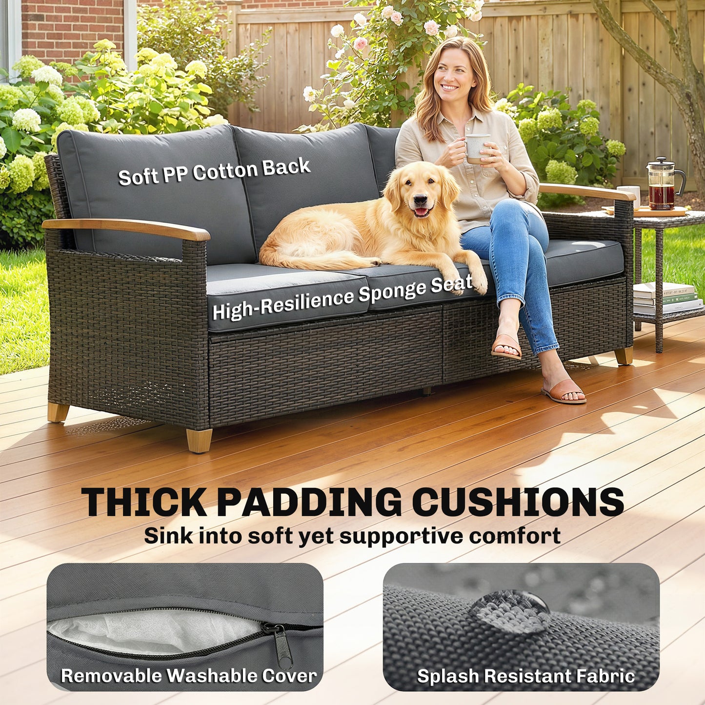 Outdoor Wicker Sofa - 3 Seater Patio Couch with Cushions, Gray