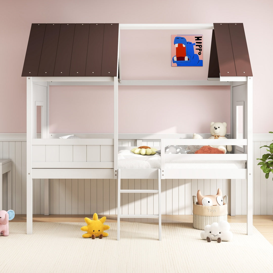 Montessori Wooden Toddler Loft Bed with Detachable Roof & Guardrail