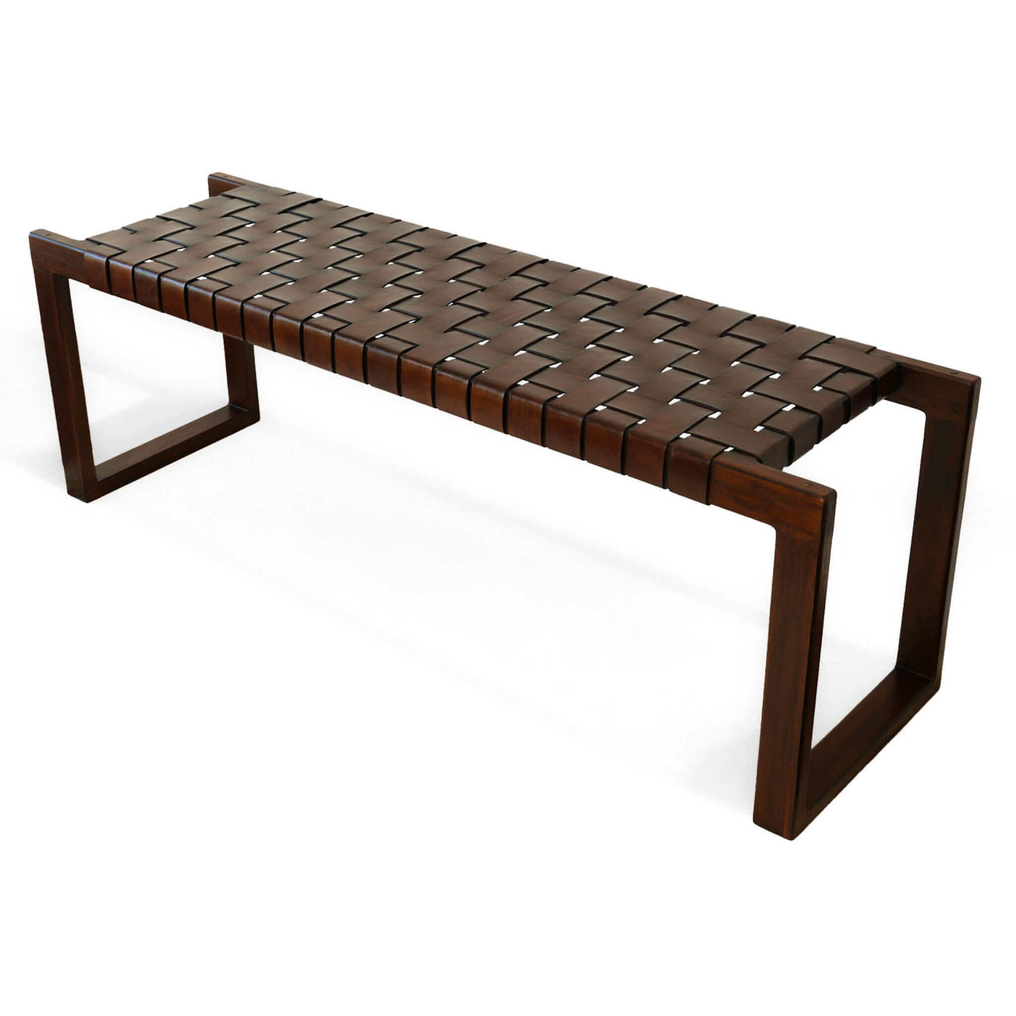 Christina Mid-Century Modern Tan Leather Bench With Solid Wood Frame
