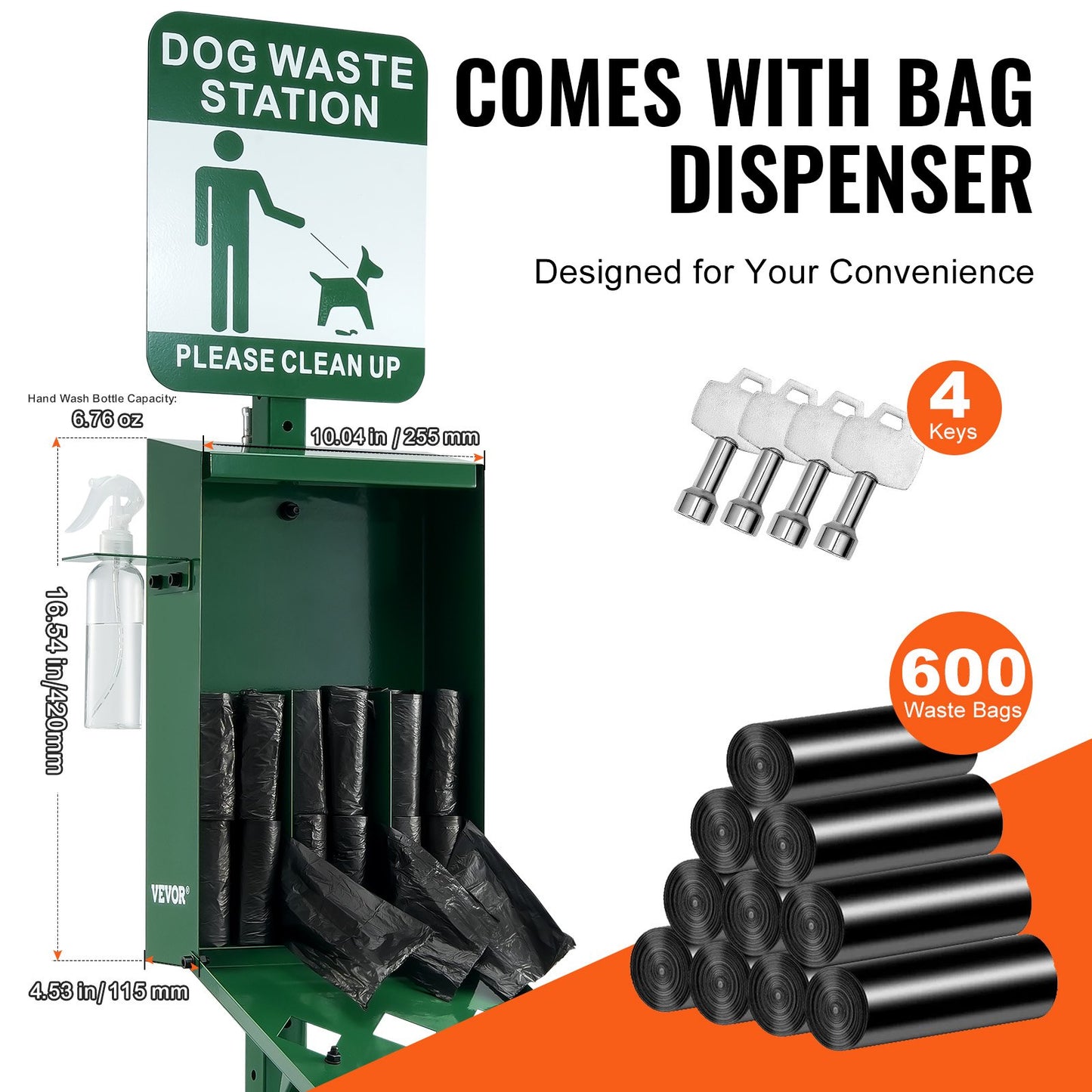 Dog Waste Station with 600 Poop Bags, Large 11.5-Gallon Trash Can, Green
