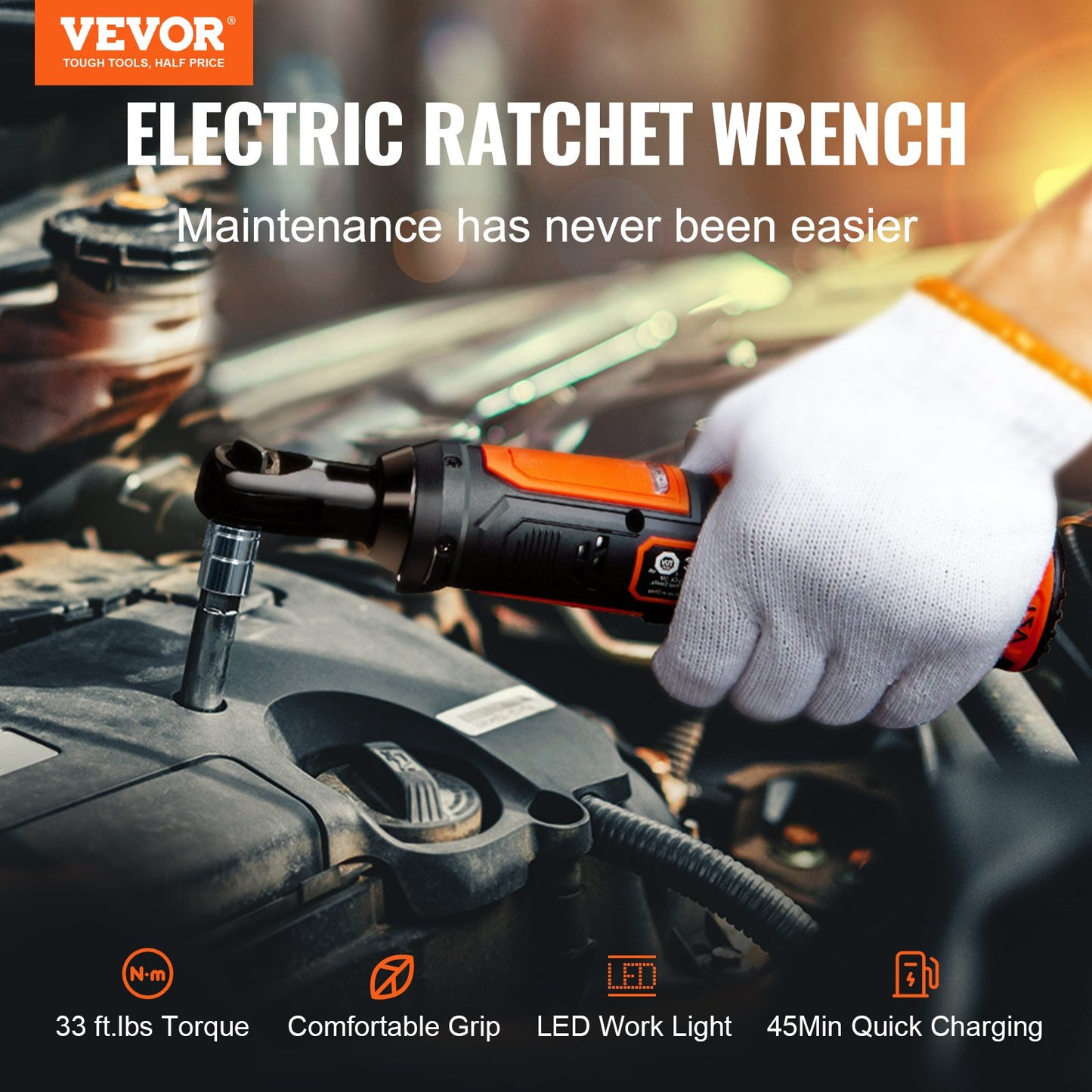 Cordless Electric Ratchet Wrench Set 12V 33 ft-lb Power Tool with 2 Batteries & 10 Sockets