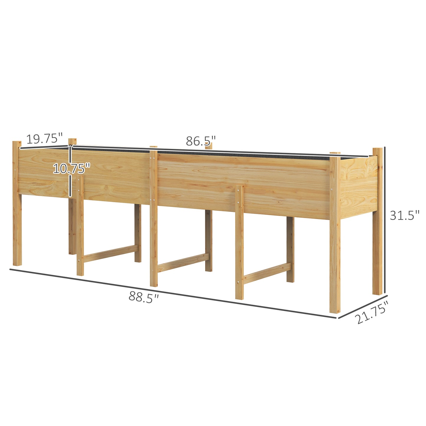 Large Wooden Raised Garden Bed with Legs, Drain Holes & Liner - Natural Finish