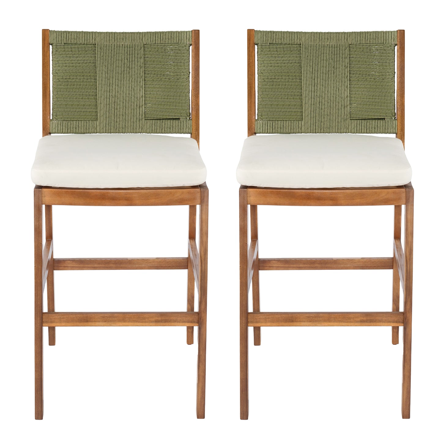 Outdoor Acacia Wood Bar Stools Set of 2 with Cream Cushion & Wicker Back