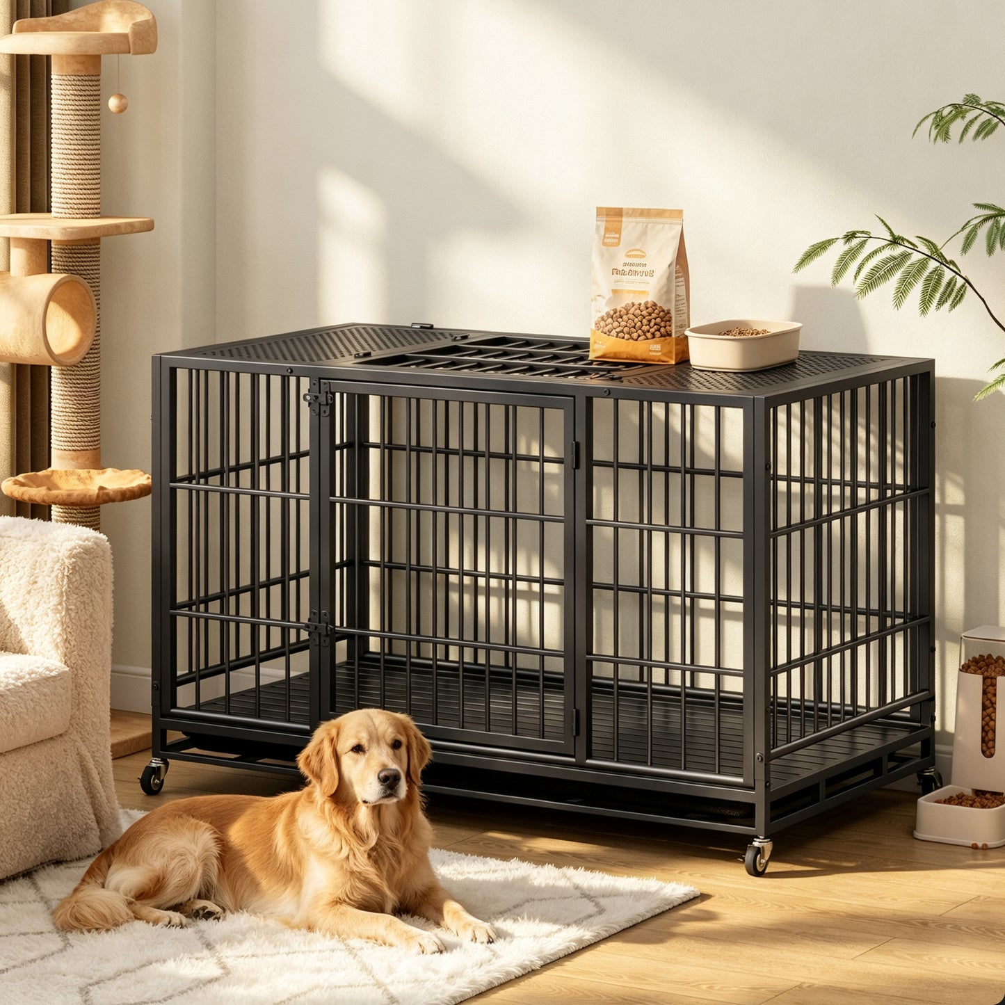 Heavy Duty Dog Crate with Lockable Wheels & Perforated Top - Indoor Outdoor Metal Kennel