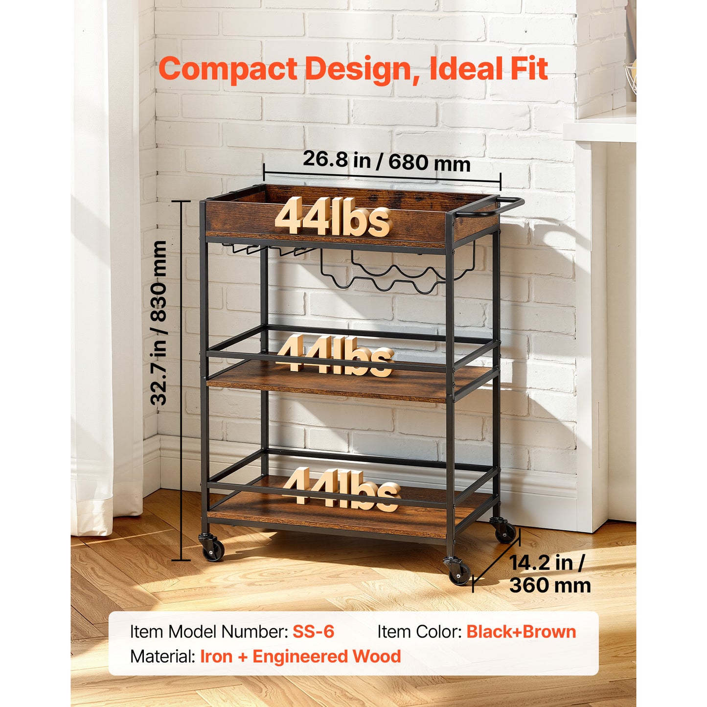 Bar Cart with 3 Tiers - Rustic Industrial Rolling Serving Cart with Wine Rack & Glass Holder