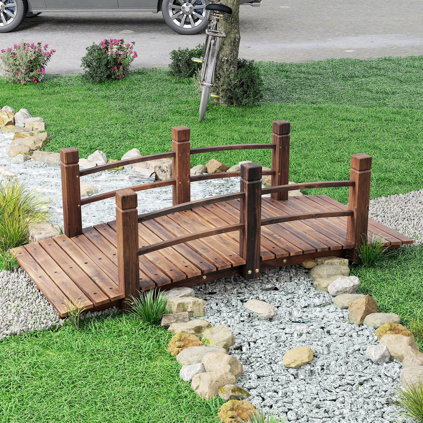 Wooden Garden Bridge with Side Railings - 60 Inch Stained Fir Wood Walkway