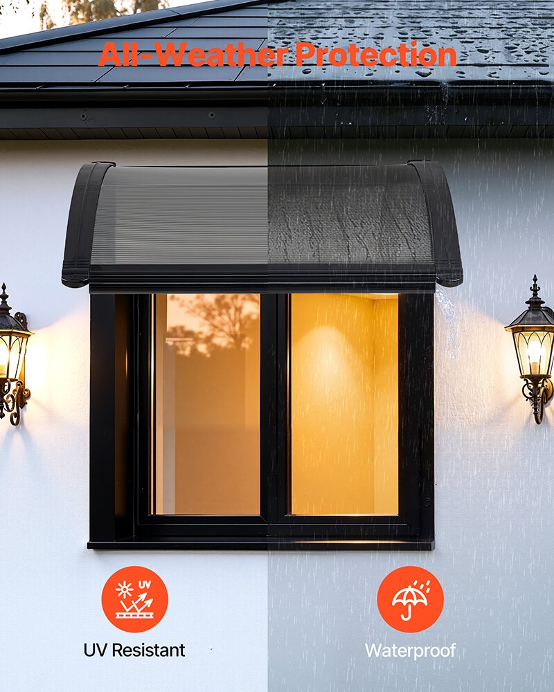 Outdoor Door Canopy Awning 24x24 Inch Polycarbonate Rain Snow Sun Shield with Drainage - Black