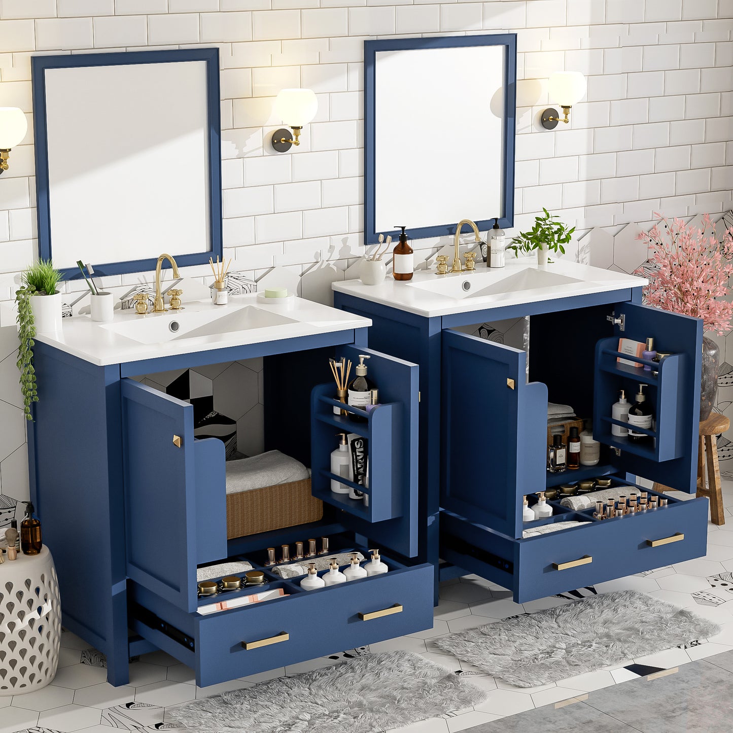 60" Blue Bathroom Vanity Set with Double Ceramic Sinks and Storage