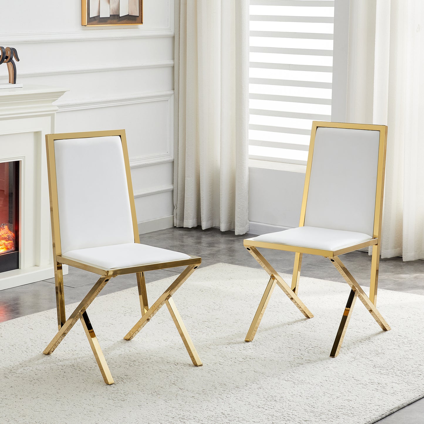 2-pack Gold Metal Framed White PU Dining Chairs Ergonomic Design, A